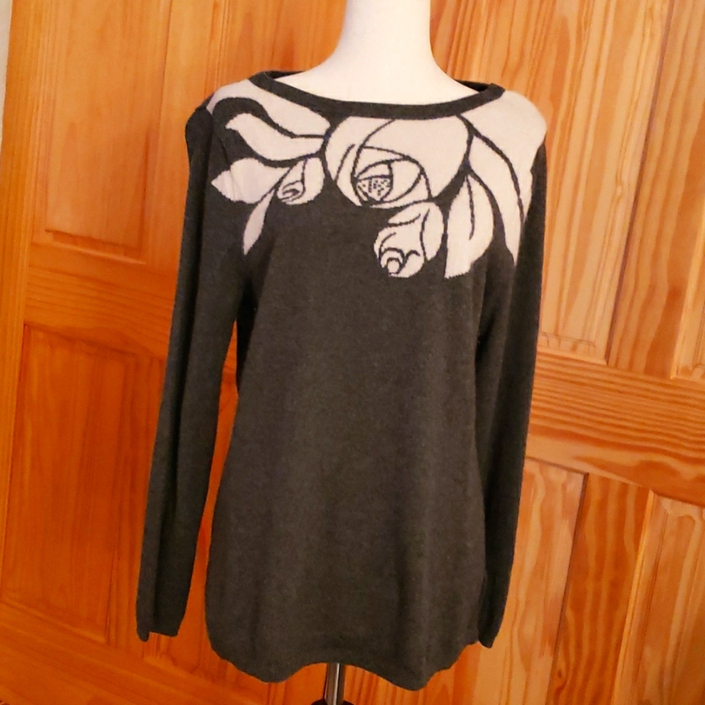 Talbots Gray and Cream Flower Cashmere Sweater